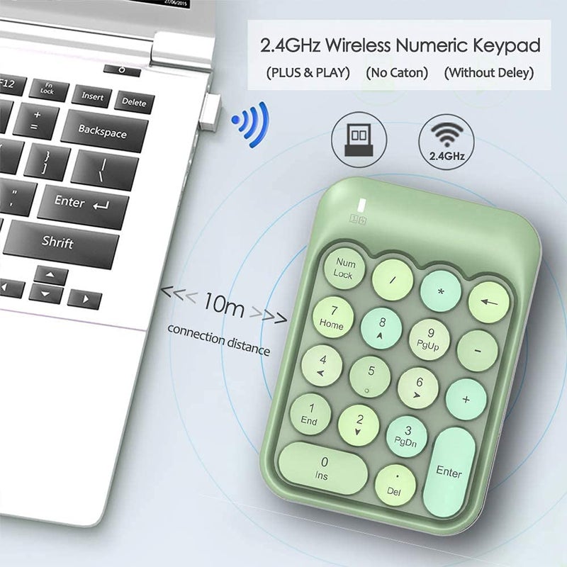 FELICON Wireless Numeric Keypad 18 Keys with 2.4G Mini Portable Silent Number Pad USB Receiver Financial Accounting Keyboard Extensions for Laptop Desktop PC Proï¼ˆGreen Mixï¼‰ - Image 4